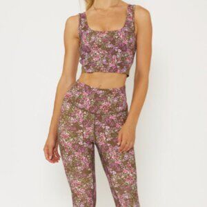 NEW Bra tank and leggings set from Cream Yoga in brown and cherry blossom print